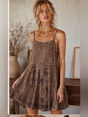 Magic Vintage Style Boho Embroidered Rayon Tie Back Slip Dress Tunic OS NWT